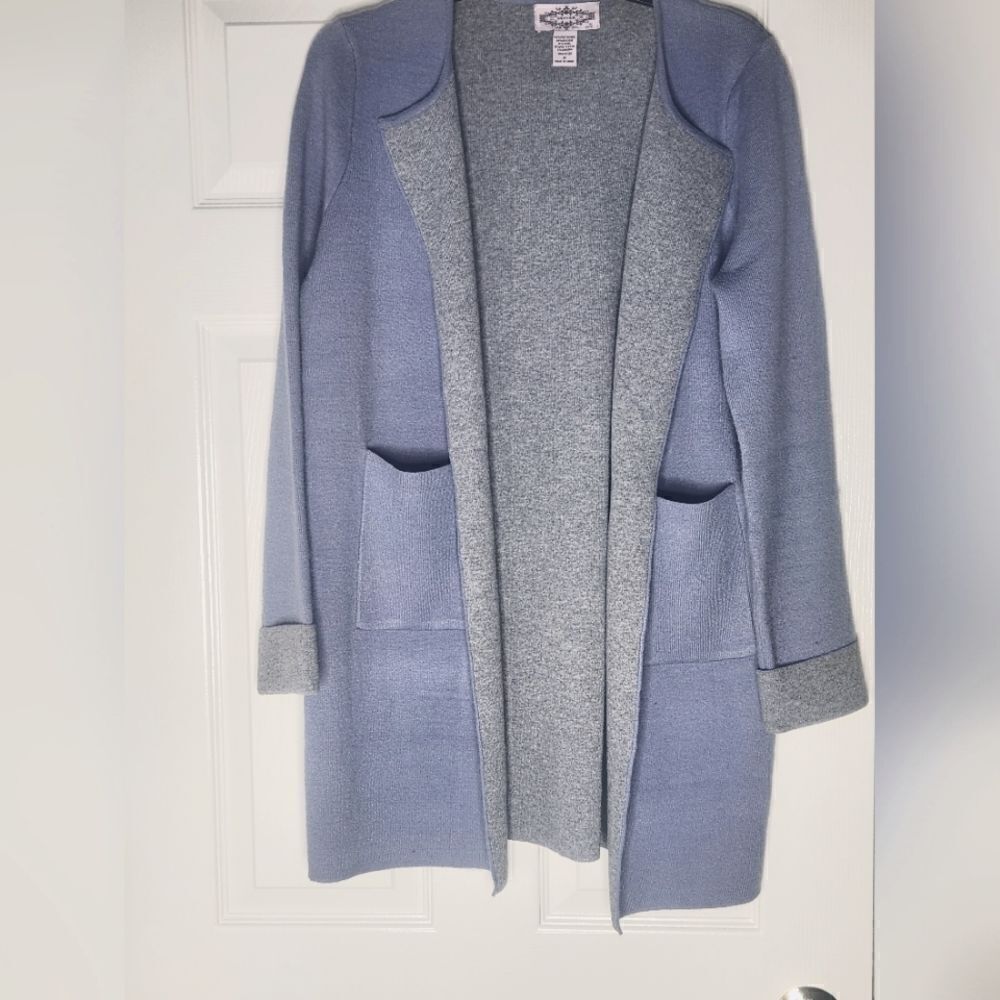 Oliver M WOOL ANGORA Blend Open Front Women Cardigan Sweater Pockets Blue Gray
